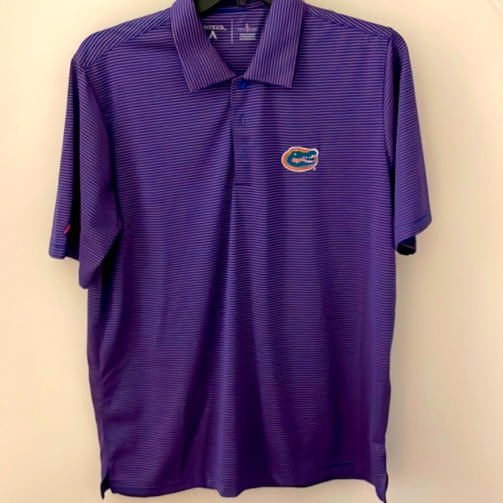 Blue with thin orange pin strips, L Florida Gator polo shirt